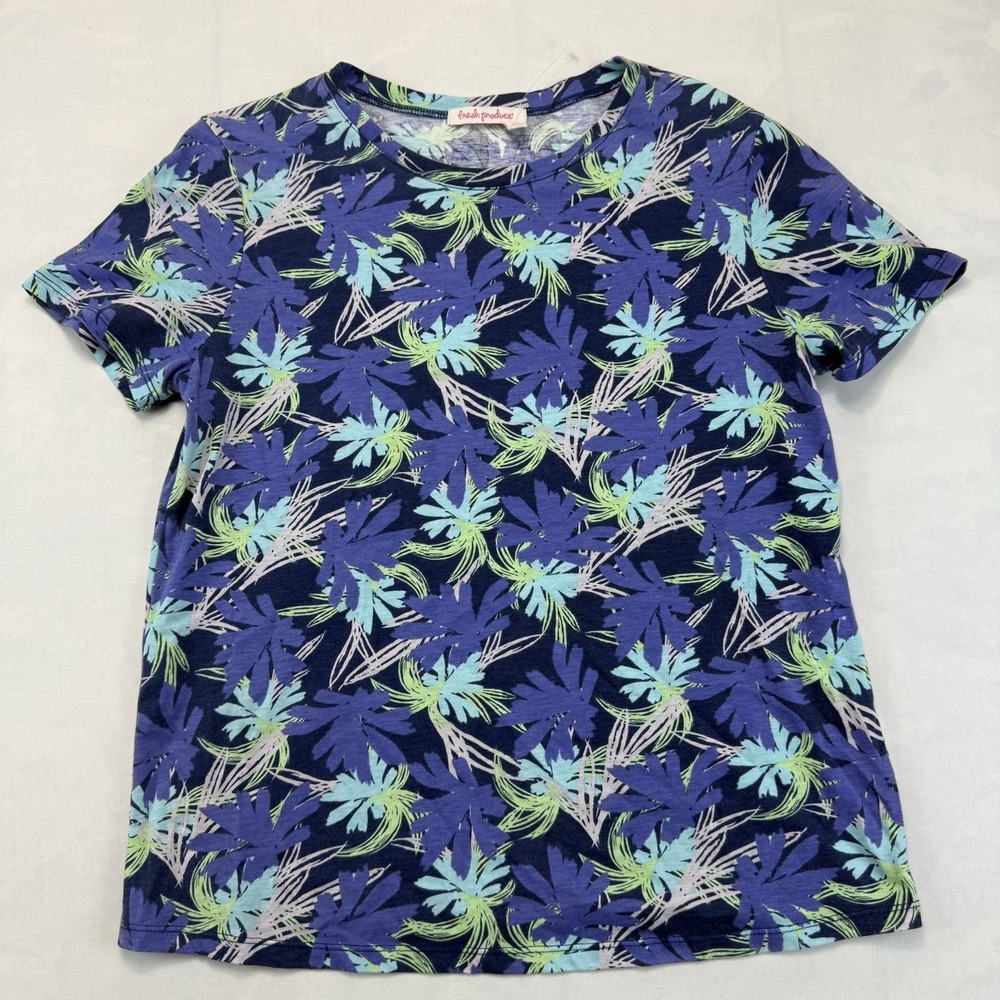 Fresh Produce Womens M Blue Tropical Floral Print Short Sleeve Crew Neck Shirt